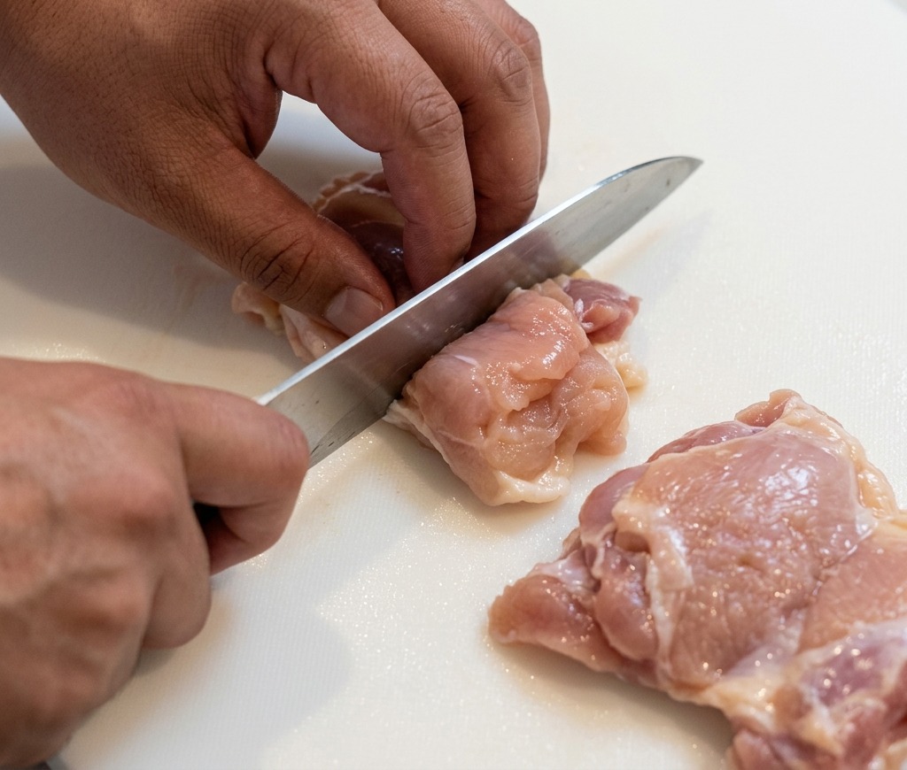 Eine Person schneidet rohes Hähnchenfleisch auf einem weißen Kunststoff-Schneidebrett in kleine Stücke.