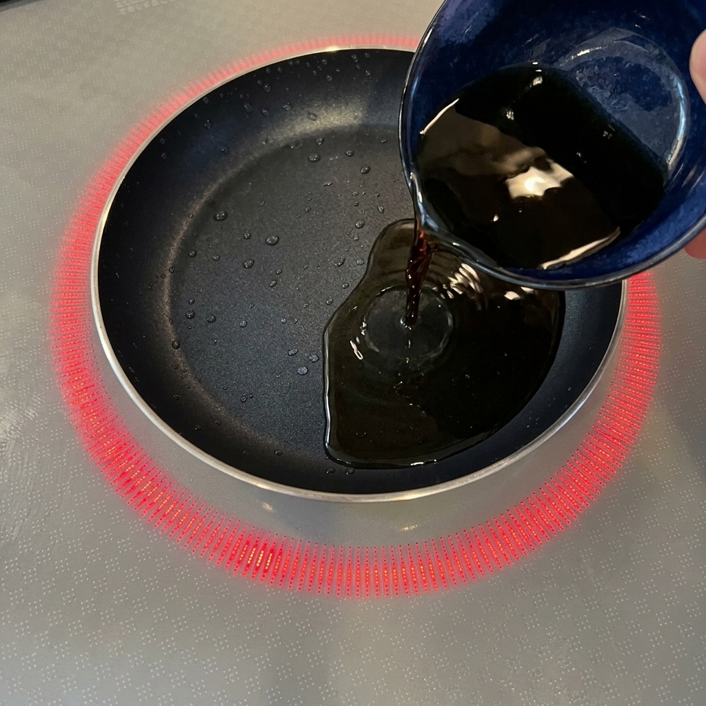 Eine dunkle, herzhafte Sauce wird aus einer blauen Keramikschale in eine kleine beschichtete Pfanne auf einem Induktionsherd gegossen.
