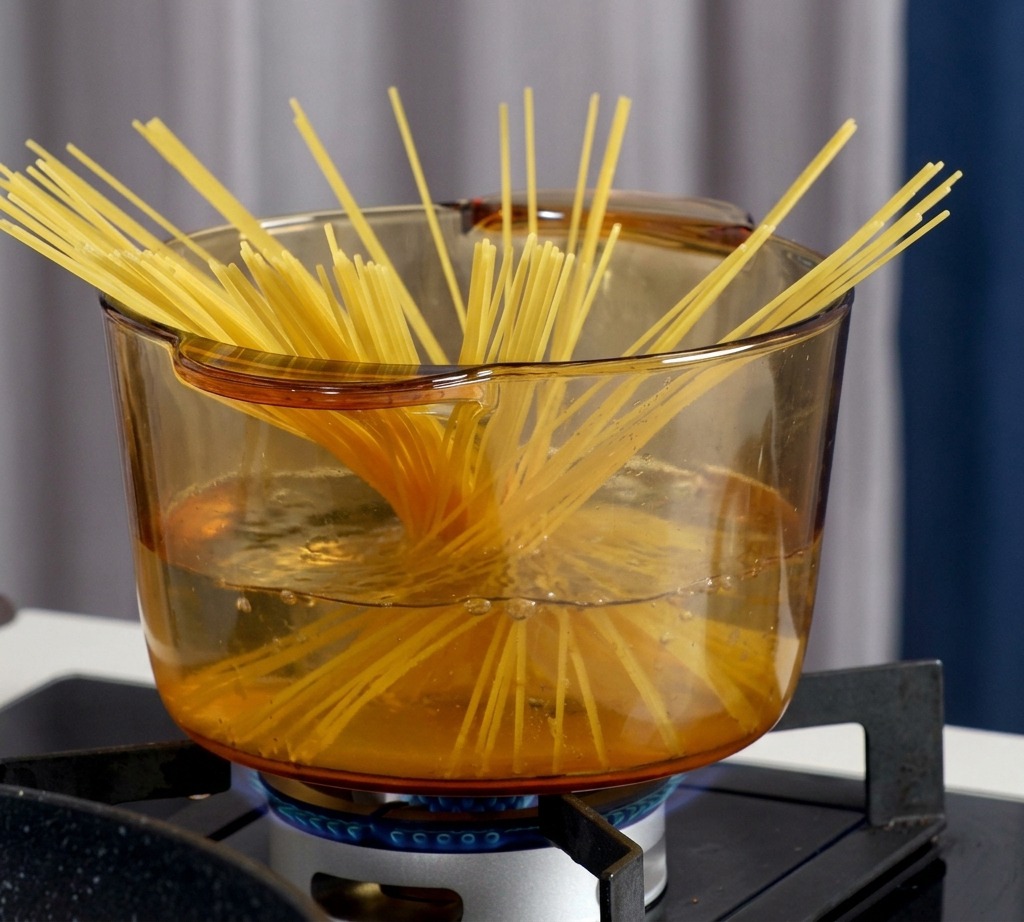 Trockene Spaghetti-Nudeln stehen in einem durchsichtigen Glastopf mit kochendem Wasser auf dem Herd.