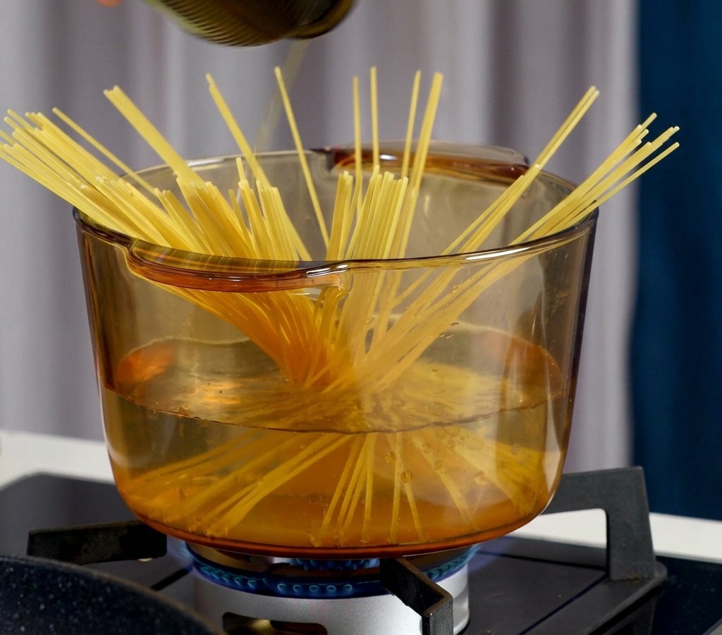 Ein Schuss Olivenöl und Salz werden in einen Topf mit kochendem Wasser und Spaghetti gegeben.