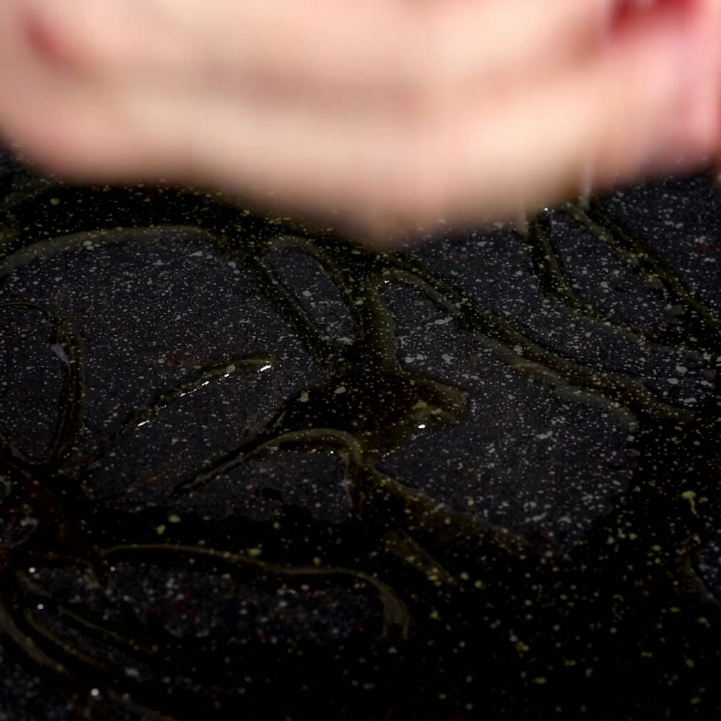 Geschnittene Speckstreifen werden in eine heiße, geölte schwarze Bratpfanne gegeben.