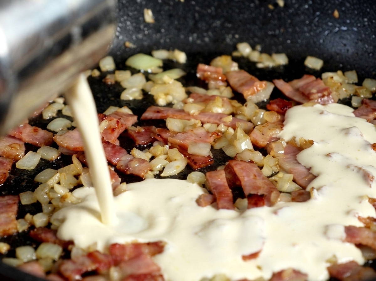 Dicke weiße Sahne wird aus einem Metallgefäß in die Pfanne mit Speck und Zwiebeln gegossen.