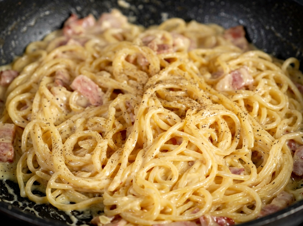 Nahaufnahme von cremigen Spaghetti mit Speckstücken, die großzügig mit frisch gemahlenem schwarzen Pfeffer bestreut sind.