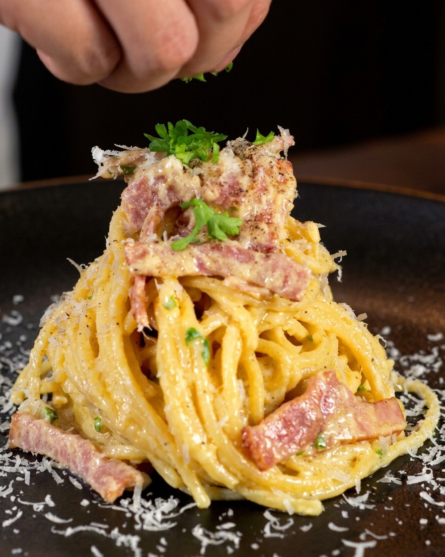 Eine Hand streut frisch gehackte Petersilie über ein schön angerichtetes Nest aus cremiger Speck-Pasta.
