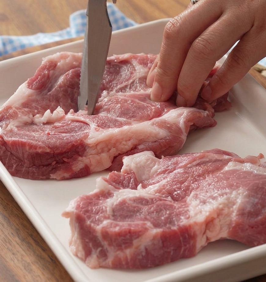 Nahaufnahme einer Küchenschere, mit der zähes Bindegewebe von einem rohen, marmorierten Schweinenackensteak auf einem weißen Tablett entfernt wird.