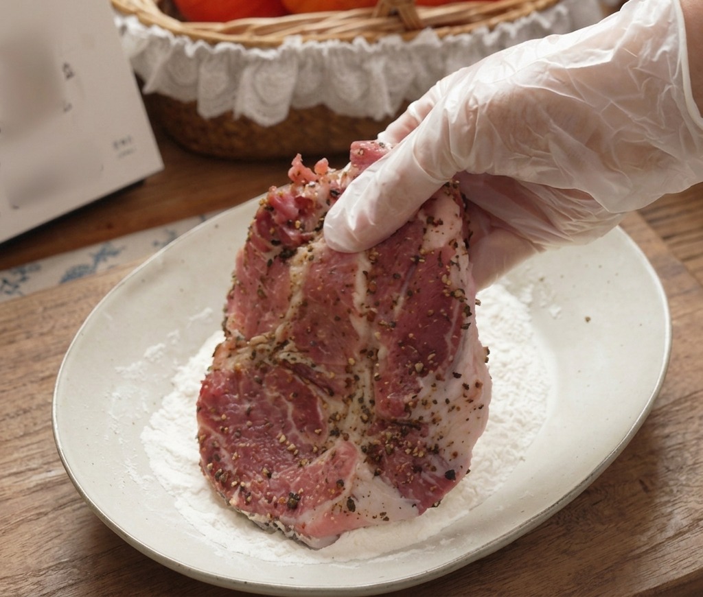 Eine behandschuhte Hand wendet ein gewürztes Schweinesteak auf einem Teller mit weißem Mehl.