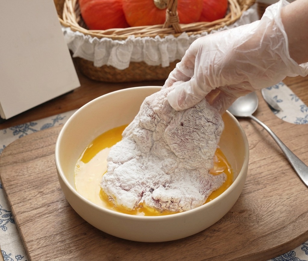 Eine behandschuhte Hand taucht ein mehliertes Schweinesteak in eine Schüssel mit verquirltem Ei.