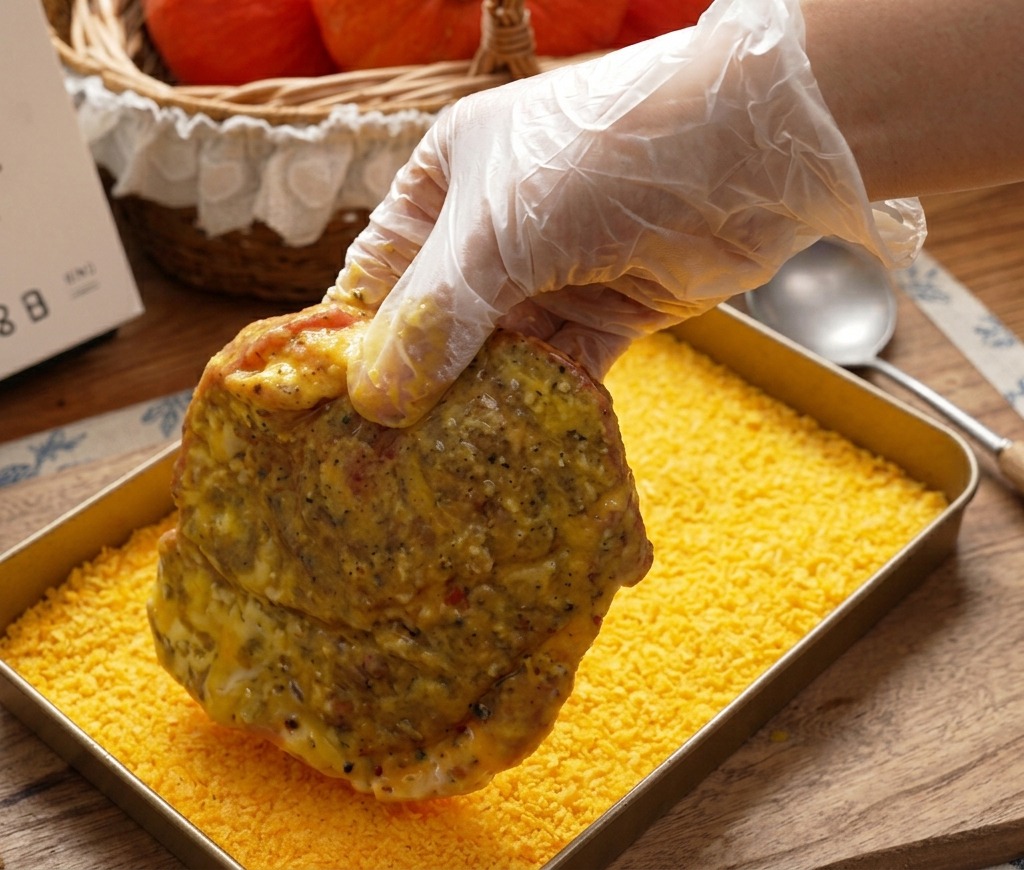 Eine behandschuhte Hand drückt ein paniertes Schweinesteak in eine flache Form voller goldgelber Panko-Brösel.