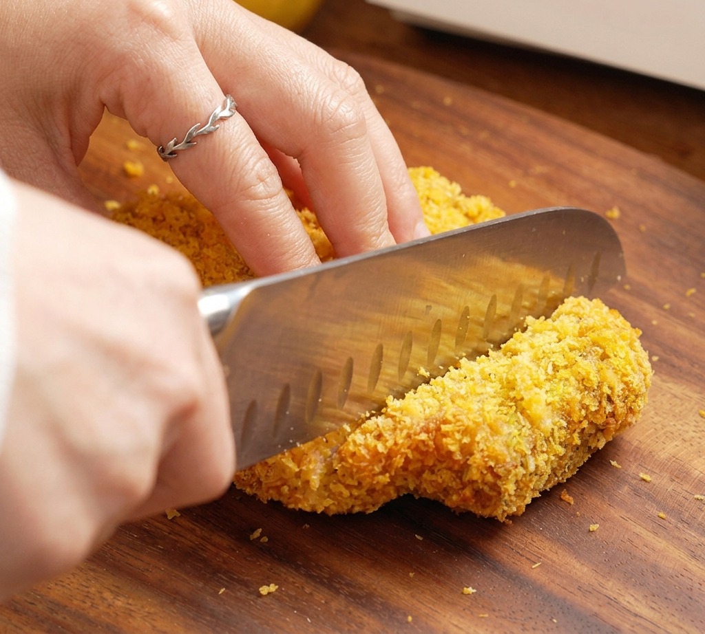 Nahaufnahme eines gezackten Messers, das ein dickes, knuspriges, goldgelb paniertes Schweineschnitzel auf einem Holzbrett schneidet.