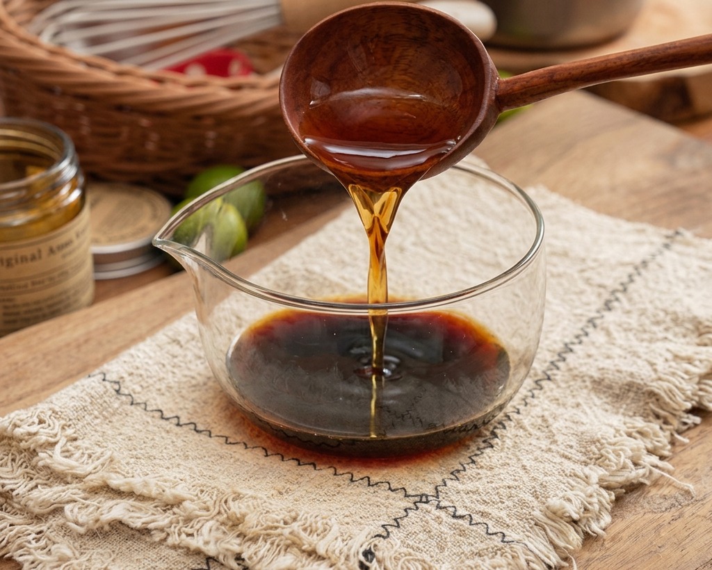Eine Holzkelle gießt eine dunkle flüssige Sauce in eine klare Glasschüssel, die auf einem rustikalen beigen Tuch steht.