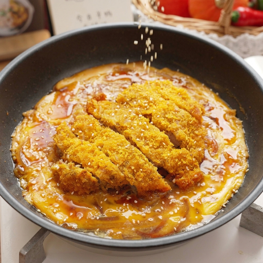 Gerösteter weißer Sesam wird über eine fertige Pfanne mit Schweineschnitzel und weich gekochten Eiern in einer würzigen braunen Sauce gestreut.