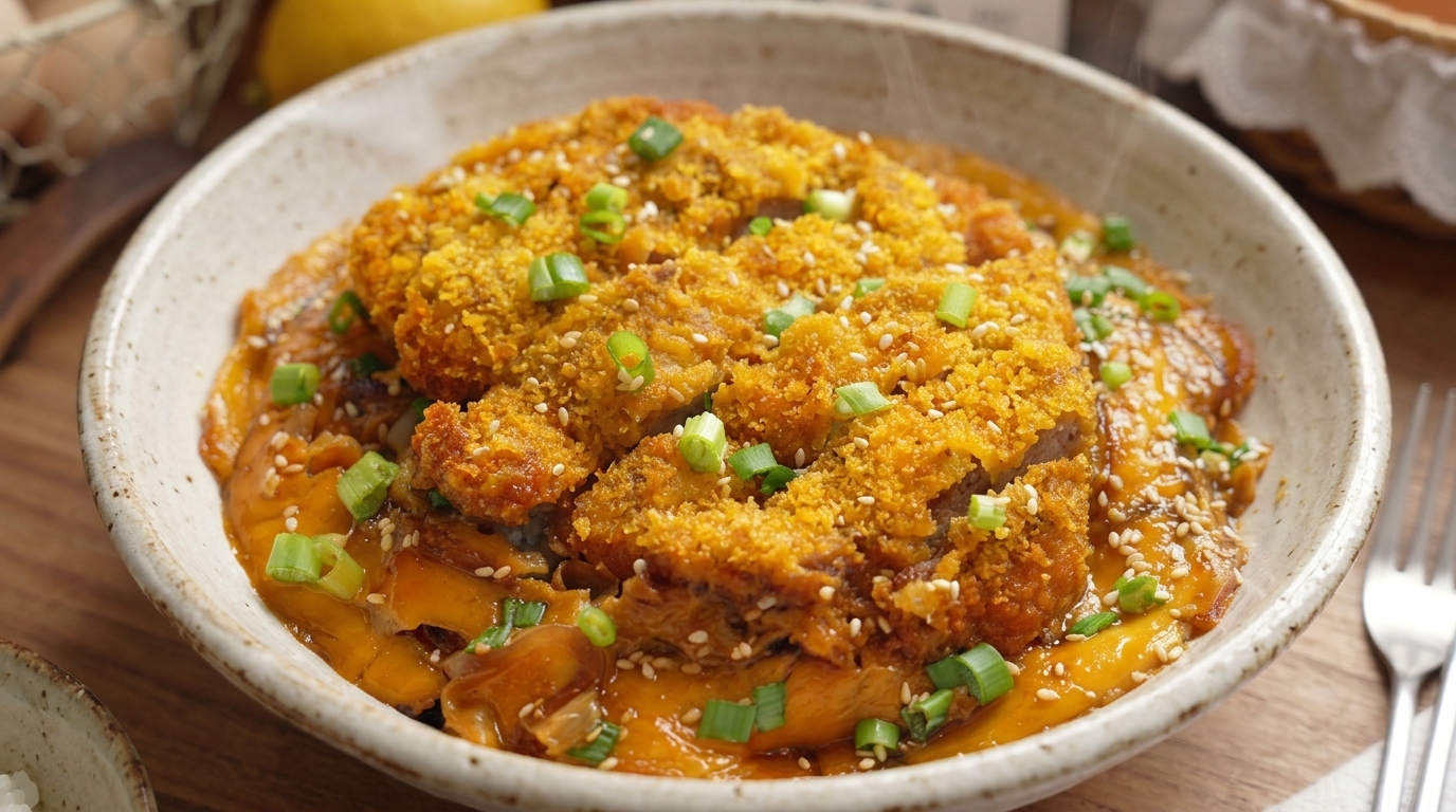 Knuspriges Katsudon aus dem Ofen (Japanische Reisbowl mit Schweineschnitzel & Ei)