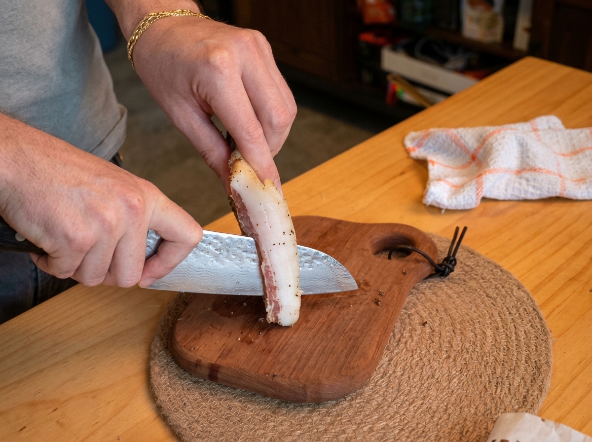 Hände schneiden ein Stück Guanciale in dicke Streifen auf einem Holzbrett.