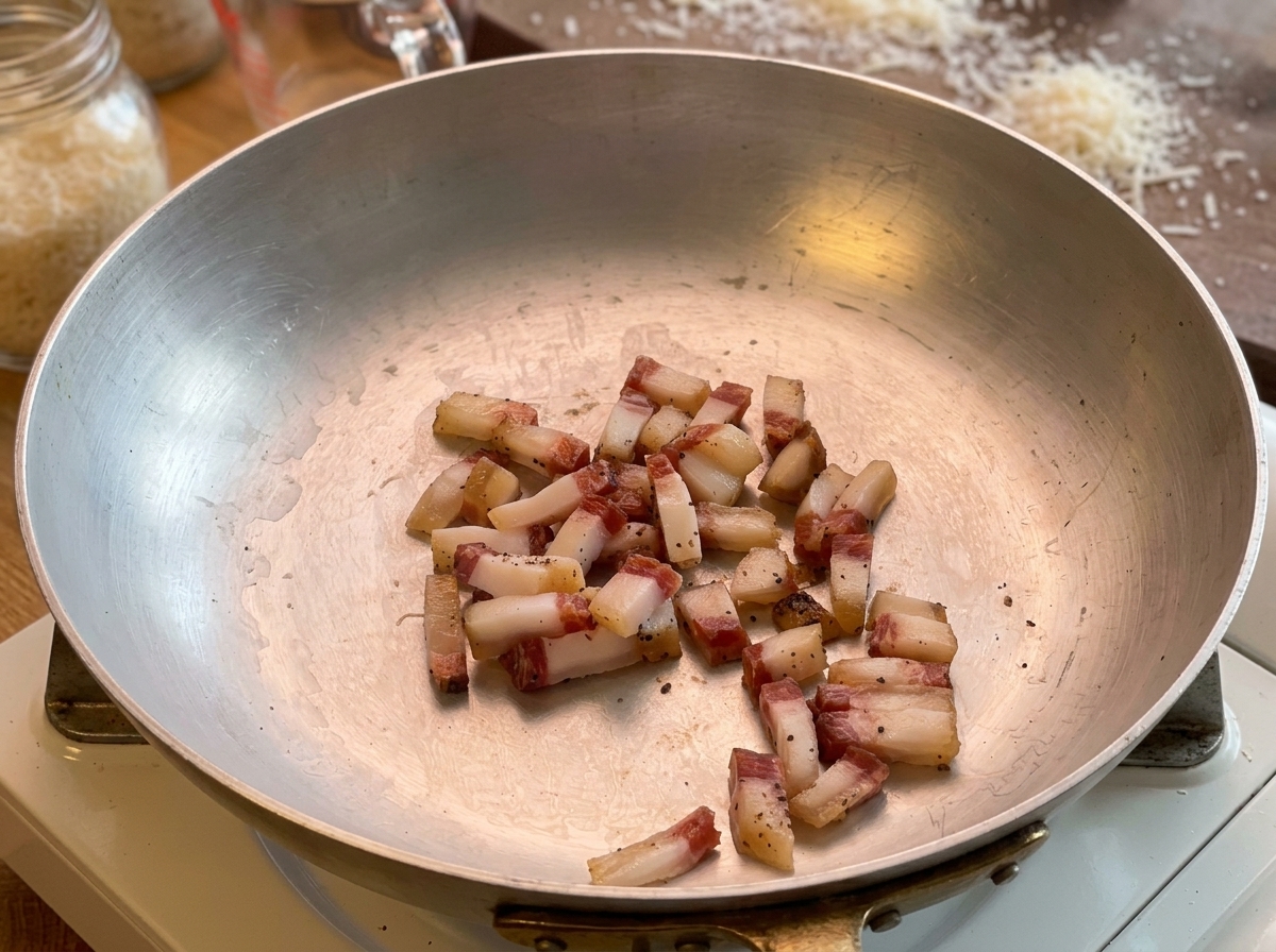 Geschnittener Guanciale brät in einer silbernen Pfanne und lässt Fett aus.