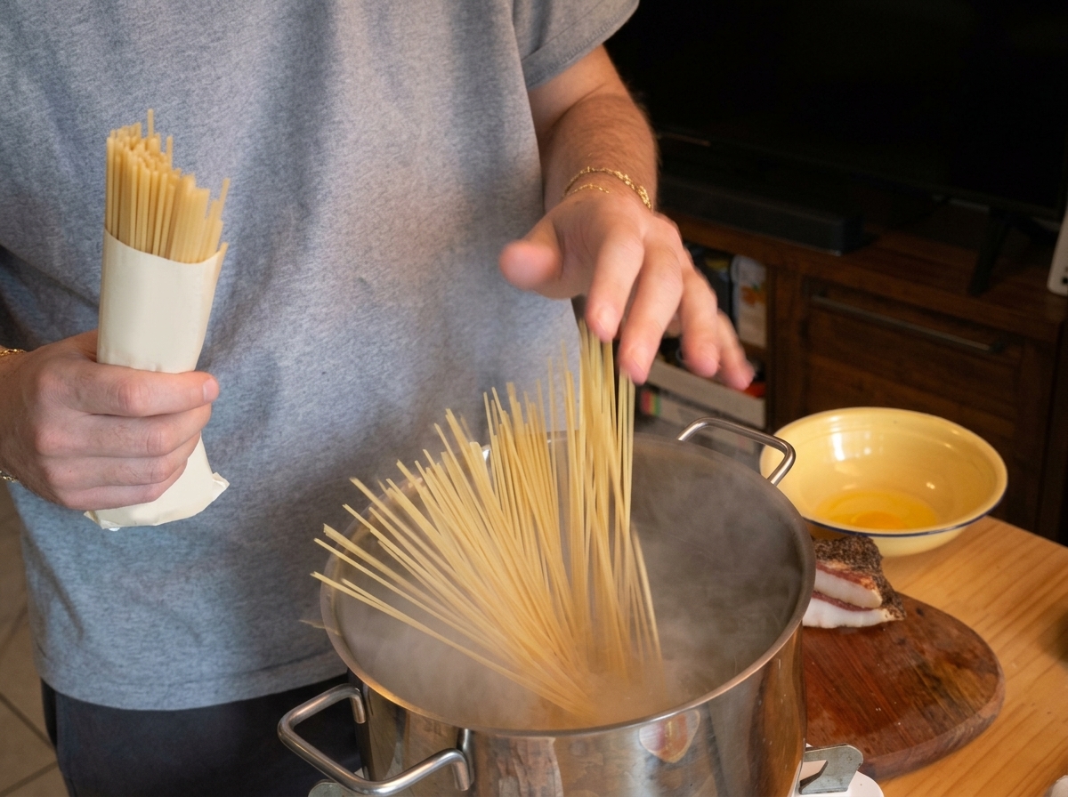 Hände geben eine Handvoll Spaghetti in einen Topf mit kochendem Wasser.