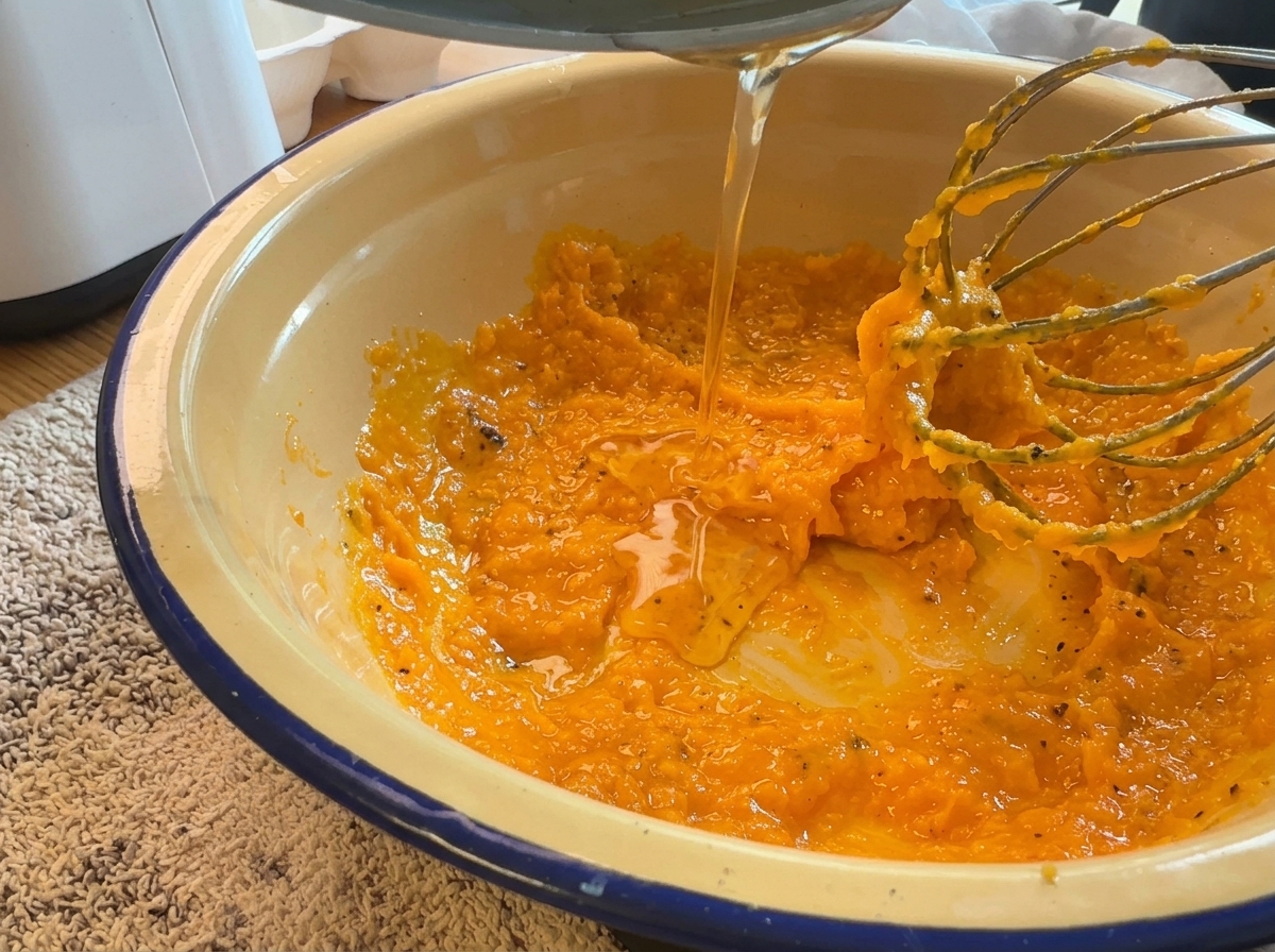 Klares, ausgelassenes Fett wird in eine gelbe Ei-Käse-Masse gegossen und untergerührt.