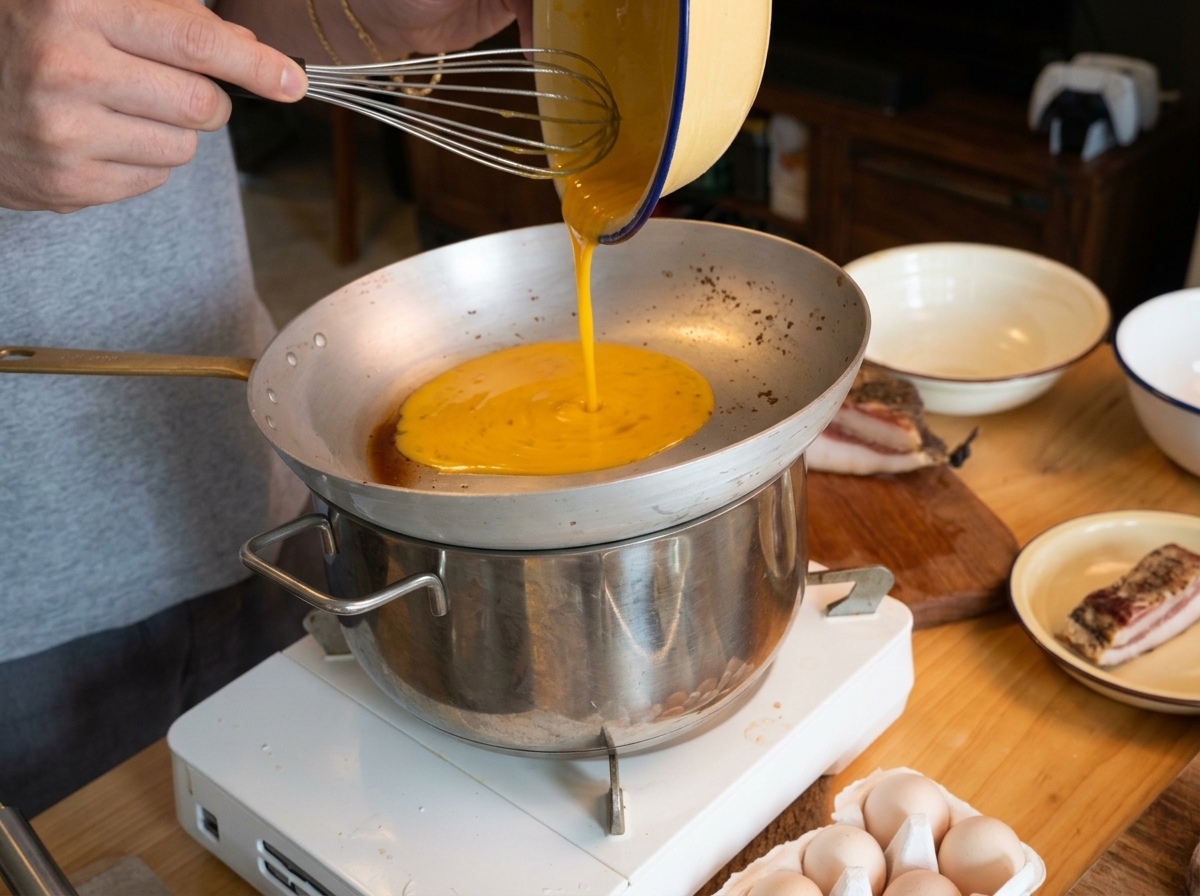 Cremige gelbe Sauce wird aus einer Schüssel in eine Pfanne gegossen, die über einem Topf steht.