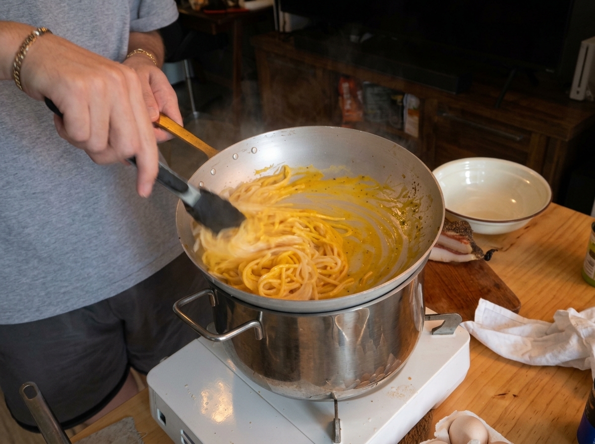 Spaghetti werden kräftig in einer cremigen Sauce in einer Pfanne über einem Topf geschwenkt.
