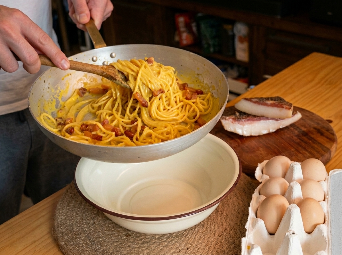 Cremige Spaghetti und knuspriger Speck werden in eine weiße Servierschale gefüllt.