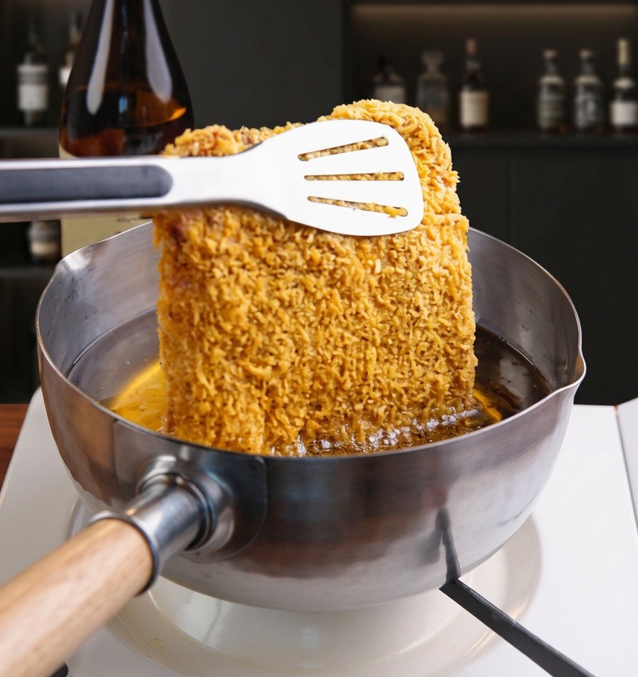 Ein paniertes Schweineschnitzel wird mit einem Pfannenwender und einer Zange vorsichtig in einen Topf mit heißem, brodelndem Frittieröl gleiten gelassen.