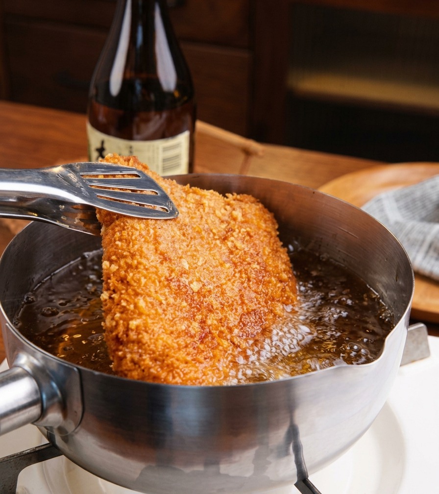 Ein goldbraun paniertes Schweineschnitzel wird mit einer Metallzange aus einem Topf mit heißem Frittieröl gehoben.