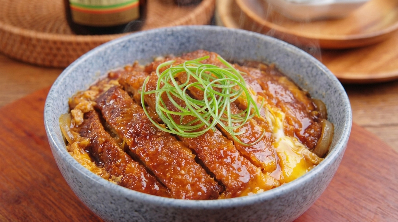 Traditionelles japanisches Katsudon (Schweineschnitzel auf Reis)