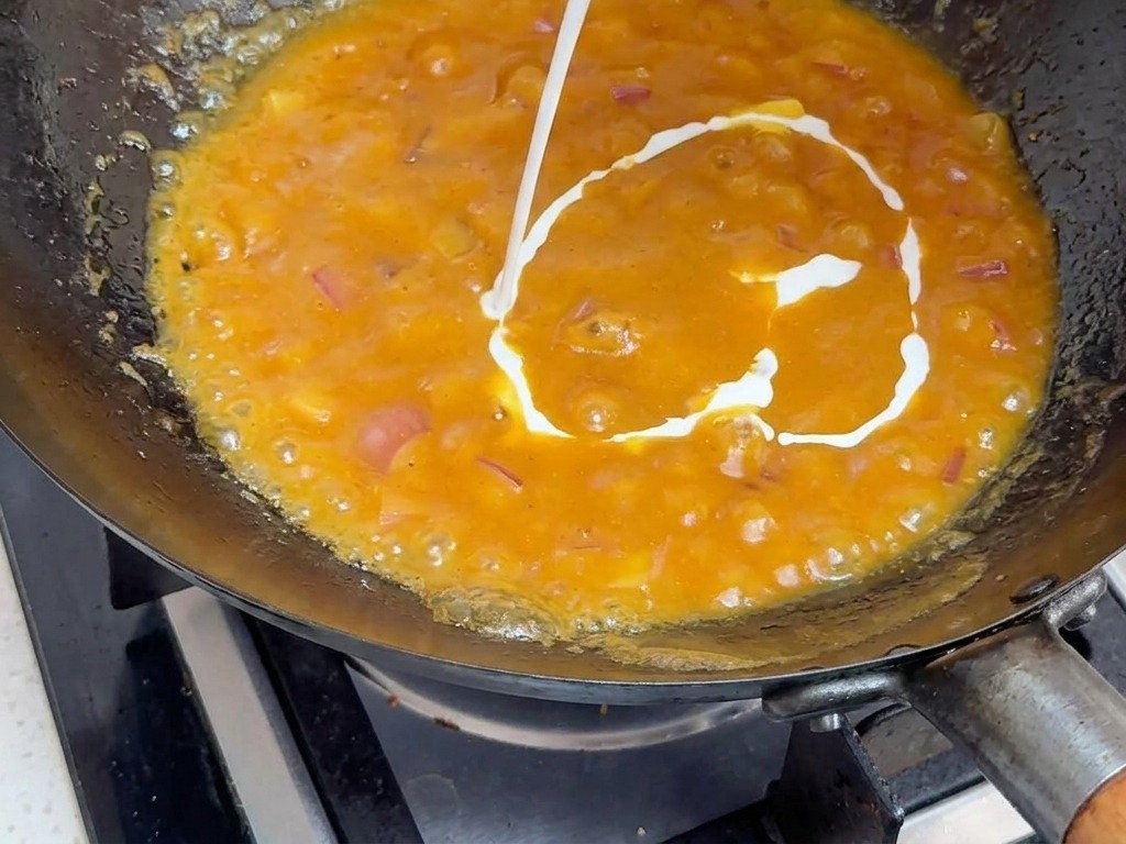 Weiße Kokosmilch wird aus einem Karton in eine dickflüssige, köchelnde orangefarbene Currysauce gegossen.
