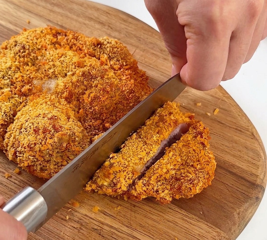 Ein knuspriges, goldbraunes Schweineschnitzel wird auf einem hellen Holzbrett in dicke Streifen geschnitten.