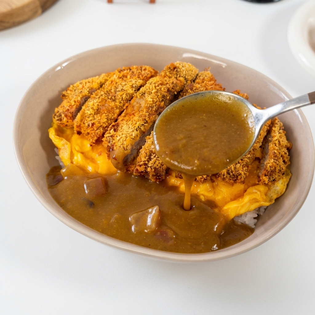 Ein silberner Löffel gießt dicke, dunkelbraune Currysauce in eine Schüssel mit Reis, Omelett und paniertem Schweineschnitzel.