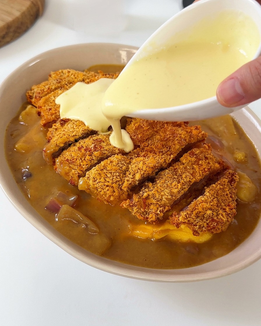 Cremige weiße Sauce wird aus einer kleinen weißen Schüssel über ein in Streifen geschnittenes, paniertes Schweineschnitzel mit Curry gegossen.
