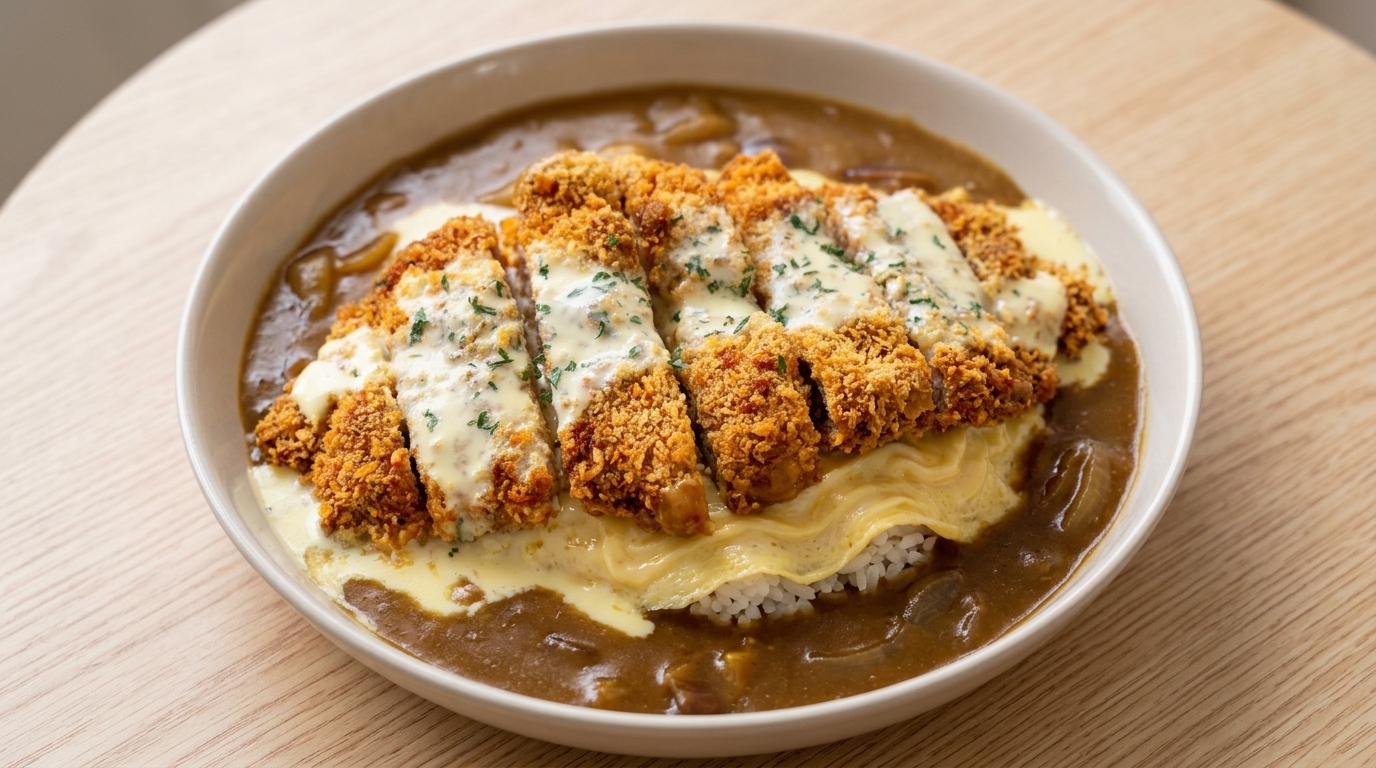 Japanisches Katsu-Curry mit Kokos-Käsesauce und Omurice