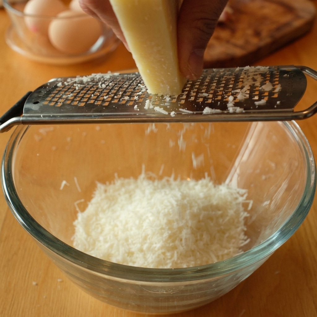 Feiner Pecorino rieselt in die Schale mit den Eigelben.