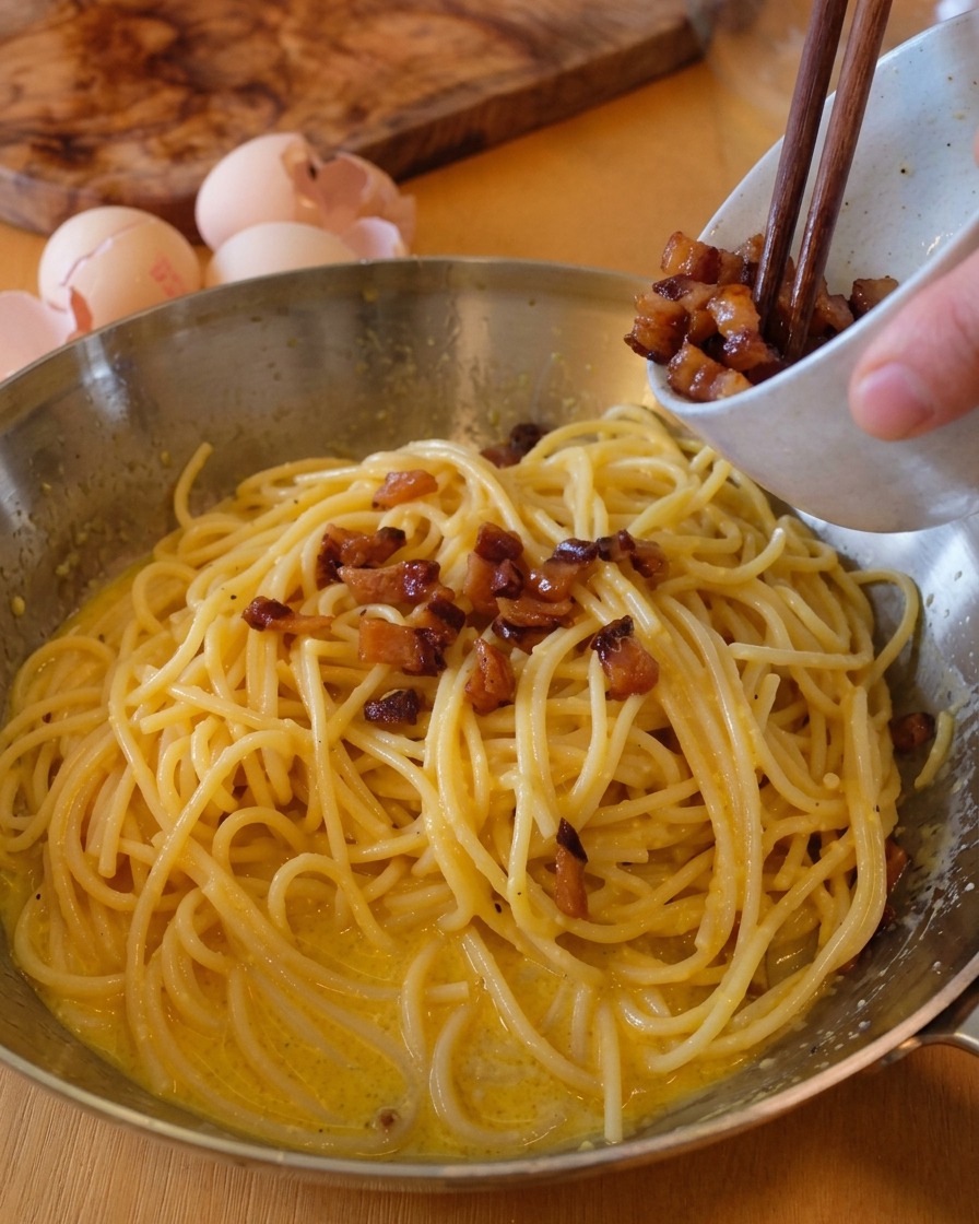 Knusprige Speckstücke werden unter die cremige Carbonara gemischt.