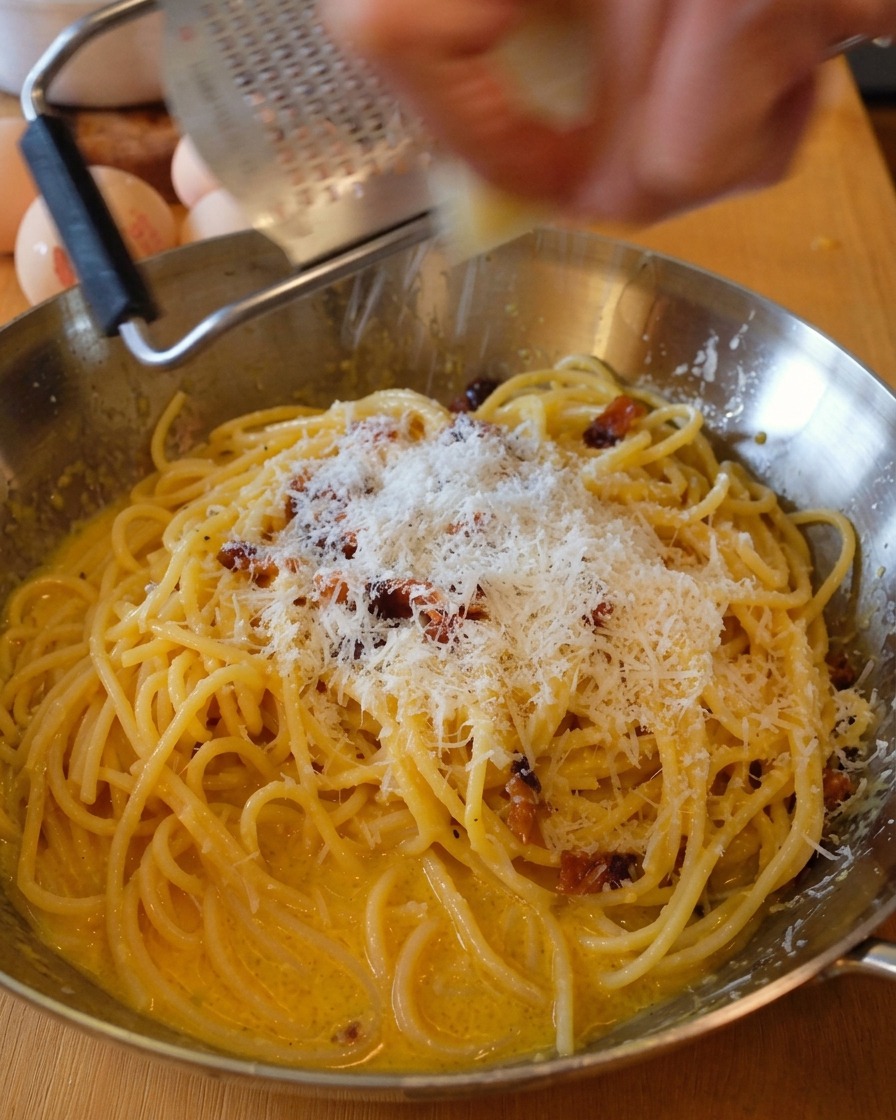 Frischer Pecorino Romano wird über die fertige Carbonara gerieben.