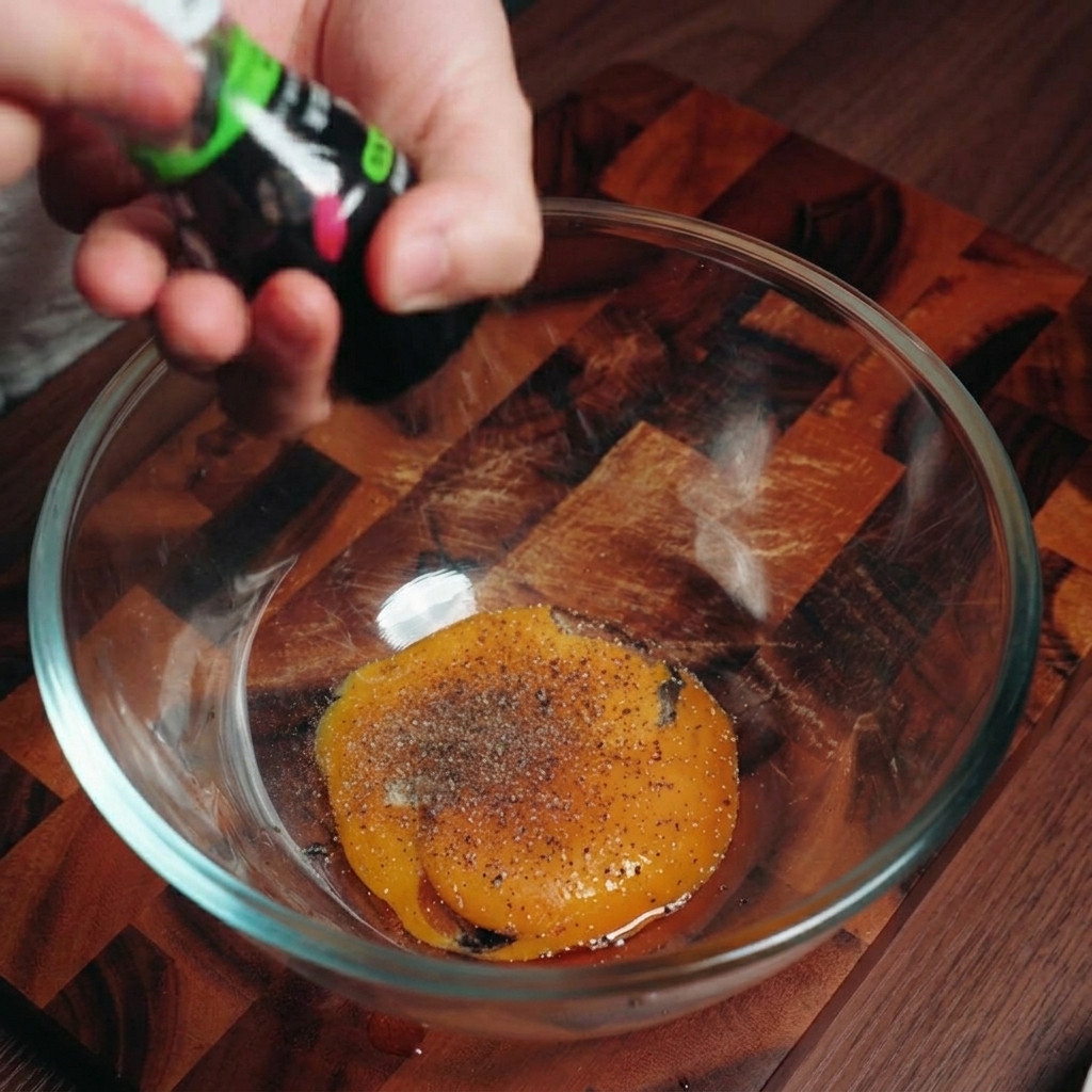 Hände mahlen frischen schwarzen Pfeffer in eine Glasschüssel mit leuchtend orangefarbenen Eigelben.