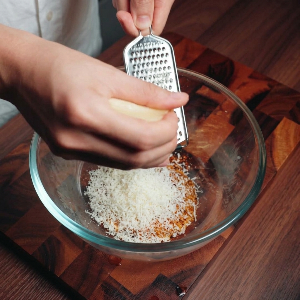 Eine Hand reibt einen Block Parmesan mit einer feinen Reibe in eine Schüssel mit Eigelb und Pfeffer.