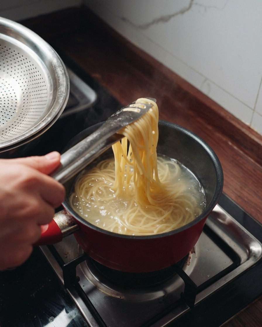 Eine Hand hebt mit einer Metallzange dampfende Spaghetti aus einem Topf mit kochendem Wasser.
