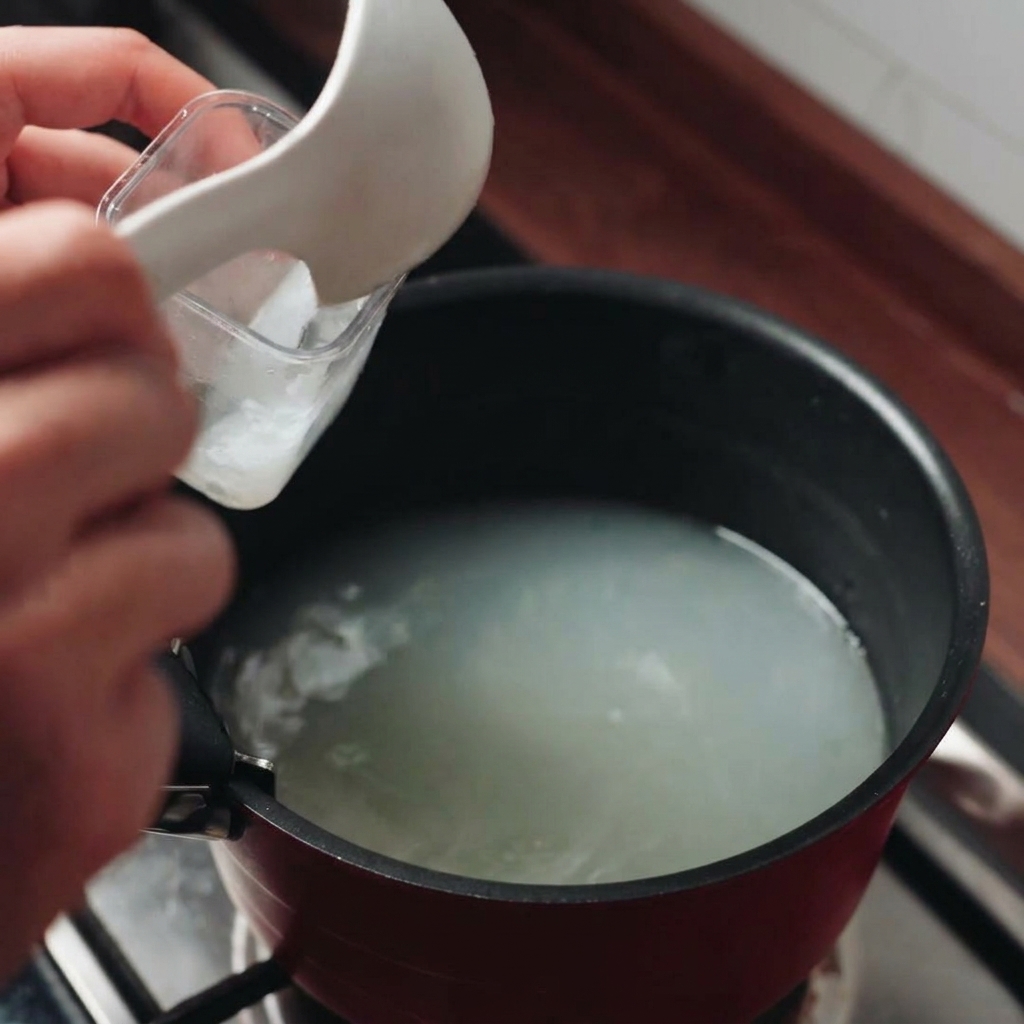 Eine Hand schöpft mit einem kleinen Messbecher trübes, stärkehaltiges Nudelwasser aus einem Topf.