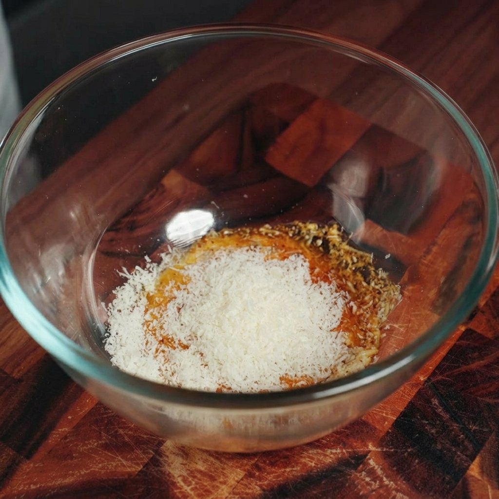 Eine Glasschüssel mit Eigelb, Pfeffer, Parmesan und dem hinzugefügten Speckfett.