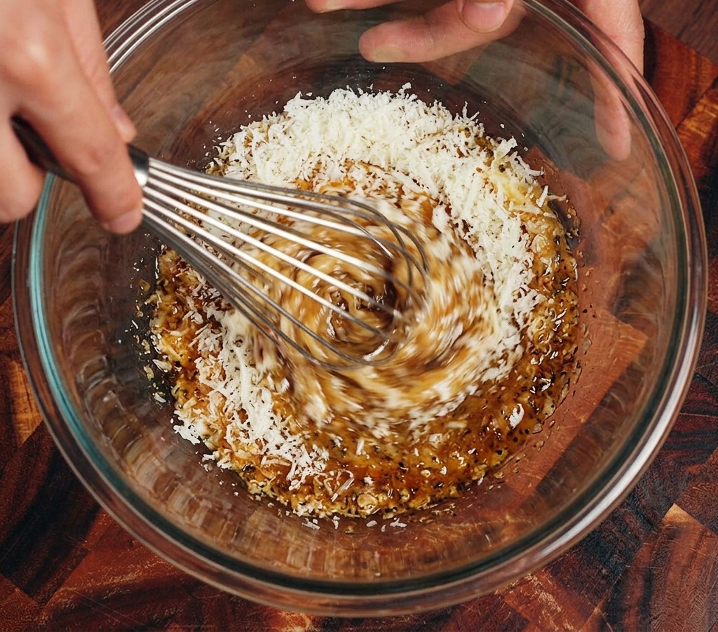 Nahaufnahme von Händen, die Eigelbe und Parmesan in einer Glasschüssel zu einer dicken gelben Paste verrühren.