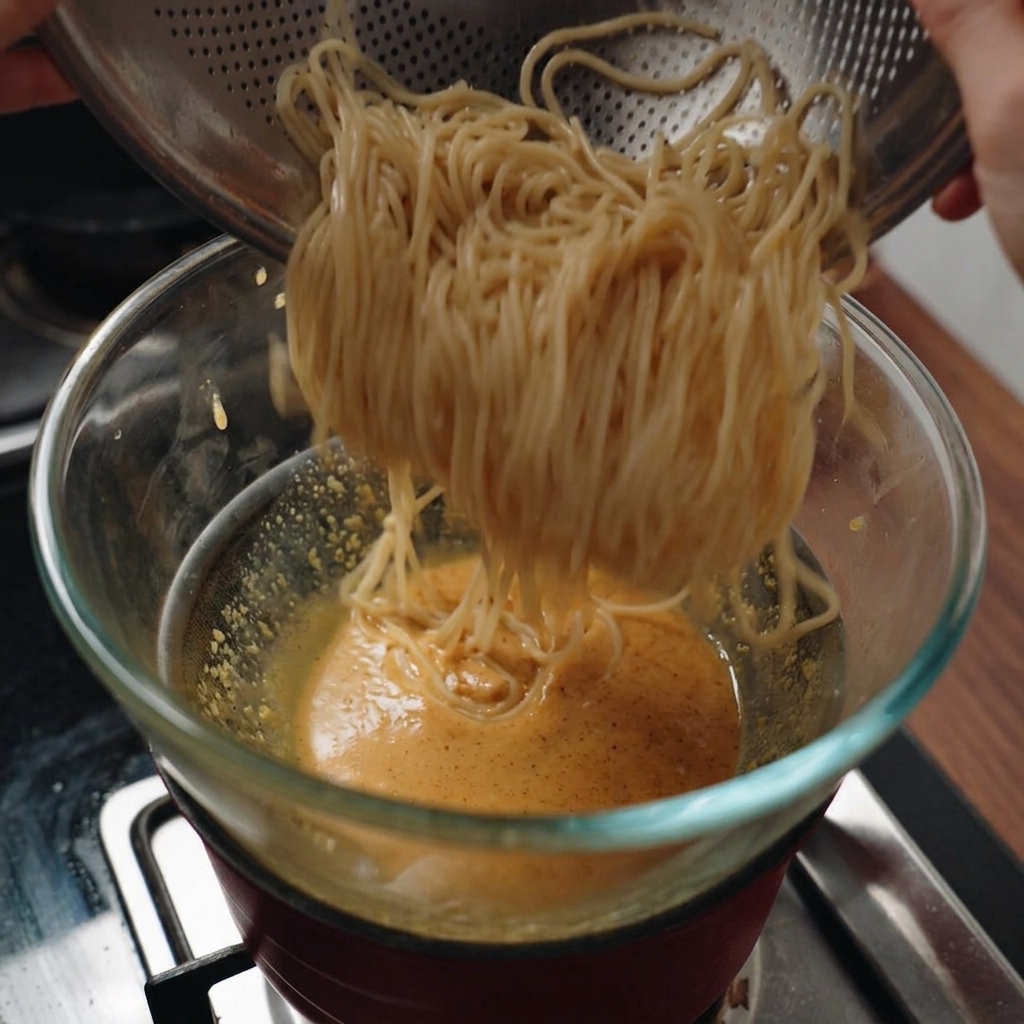 Heiße Spaghetti werden aus einem Sieb in eine Schüssel mit cremiger Sauce über einem Topf mit Dampf gegeben.