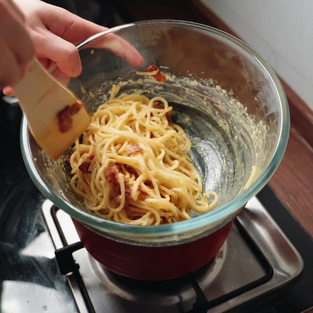 Spaghetti und Speckstücke werden mit einem Holzspatel in der cremigen Sauce über einem Wasserbad vermengt.