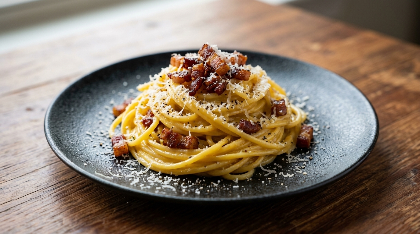 Klassische Spaghetti alla Carbonara, garniert mit knusprigem Speck, frisch gemahlenem schwarzem Pfeffer und geriebenem Parmesan.