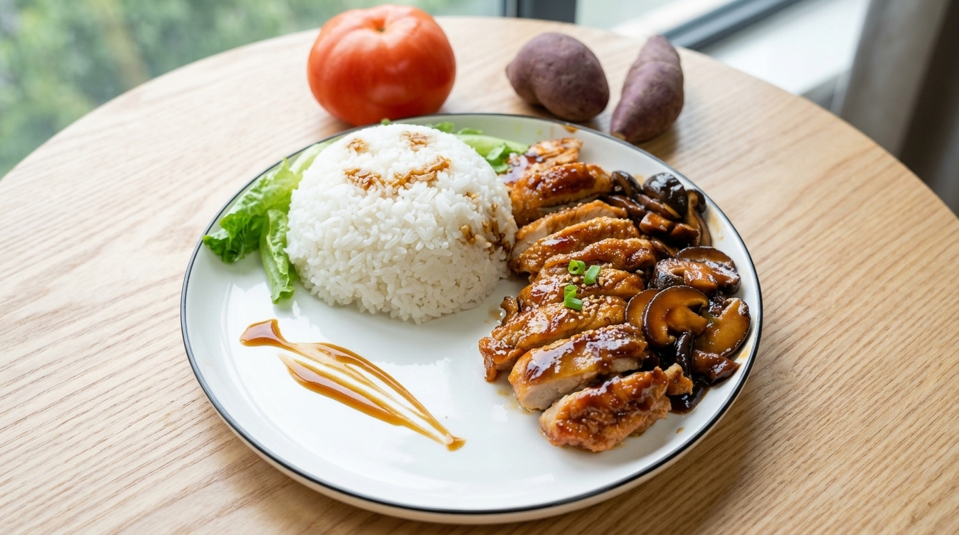 Gesundes hausgemachtes Teriyaki-Hähnchen mit Pilzen auf Reis