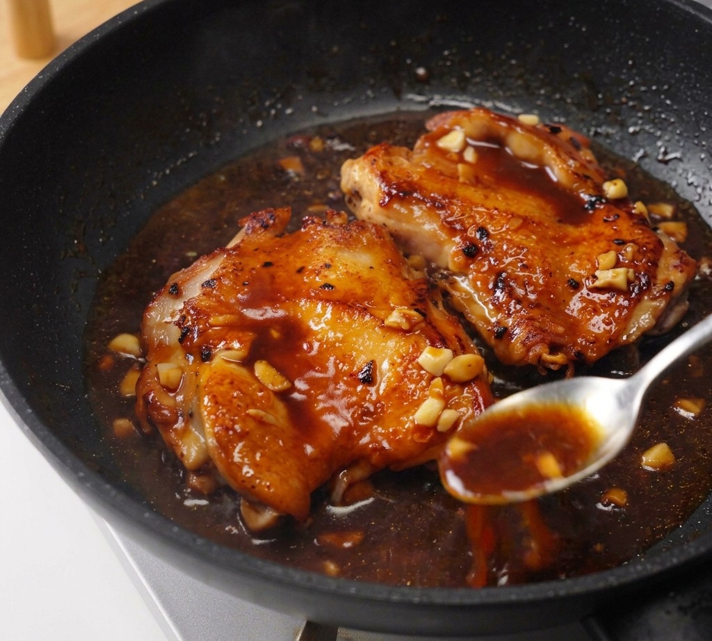 Zwei goldbraune Hähnchenkeulen köcheln in einer glänzenden, dunklen Sauce und werden mit einem Löffel übergossen.