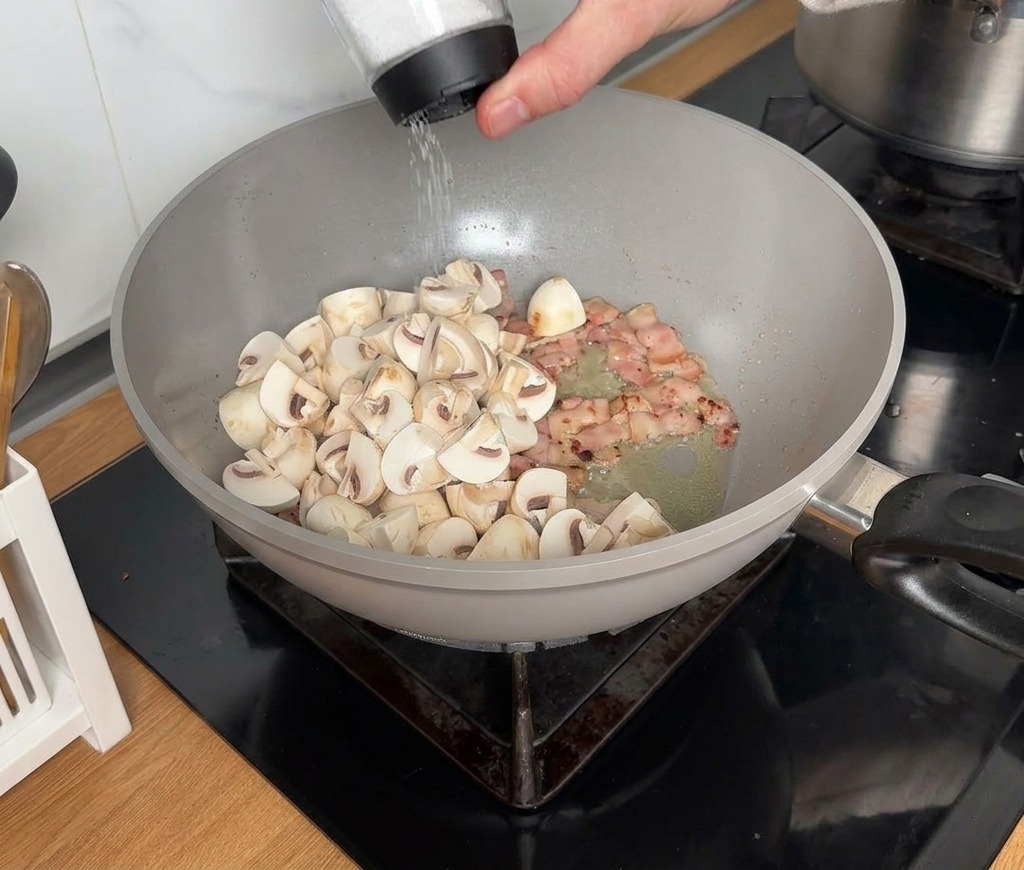 Eine Hand würzt gebratene Pilze und Speck in einem grauen Wok.