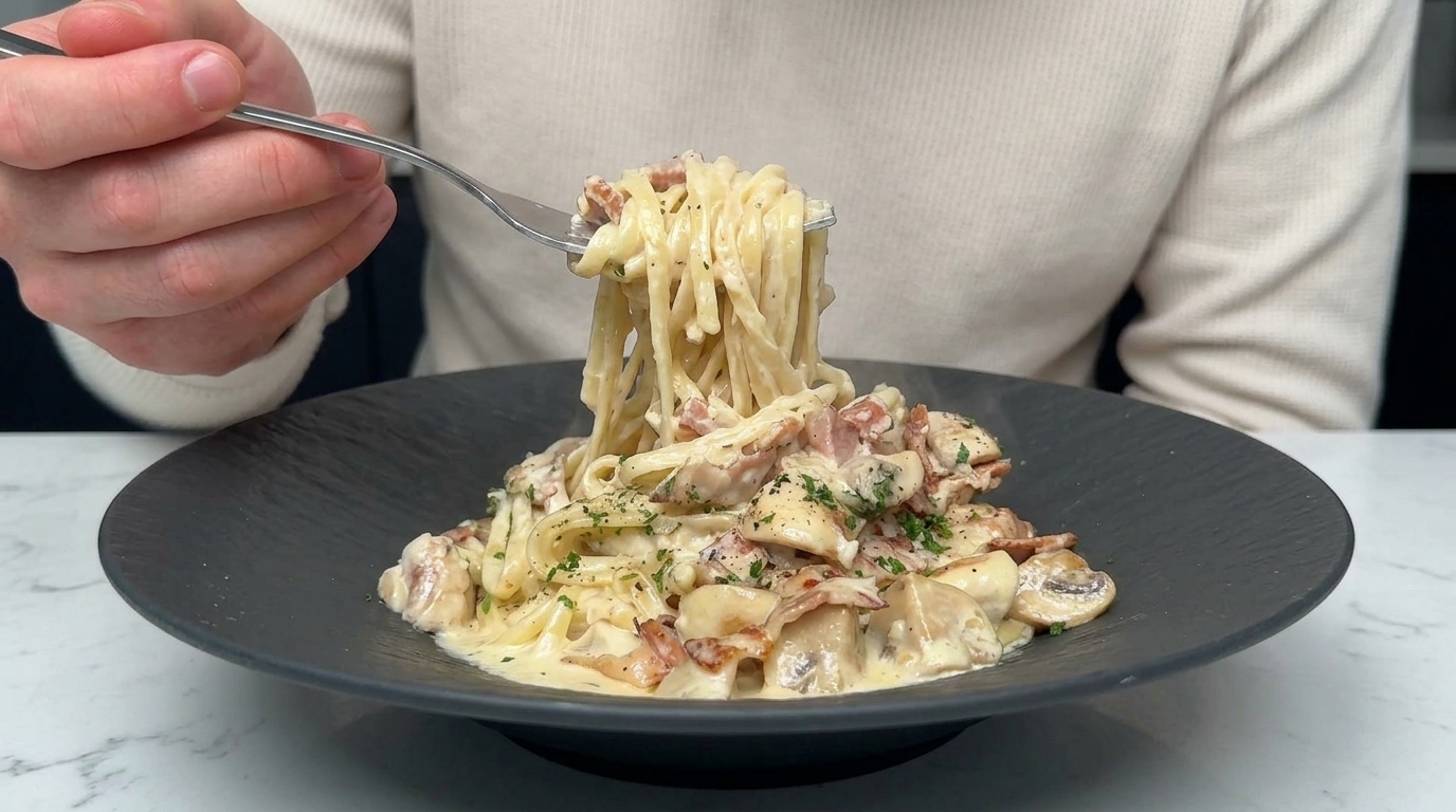 Cremige Linguine mit Speck und Champignons