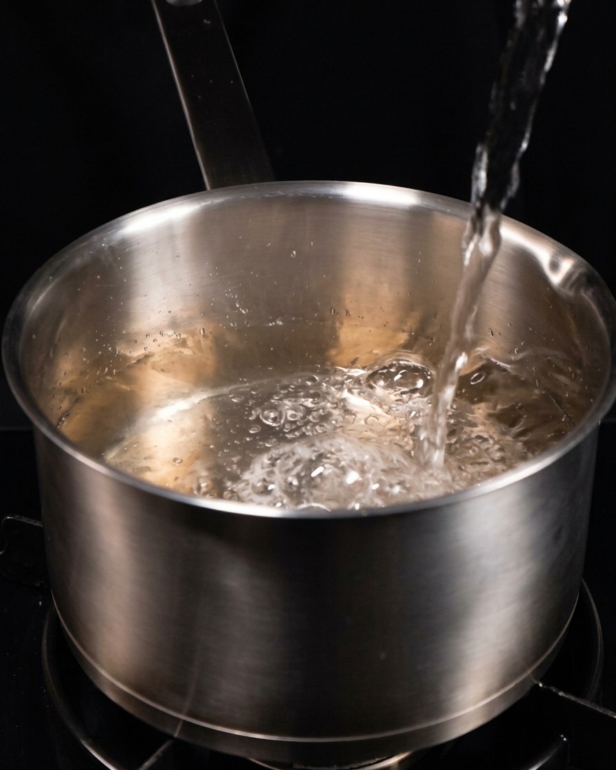 Klares Wasser wird in einen großen, leeren Edelstahltopf gegossen.