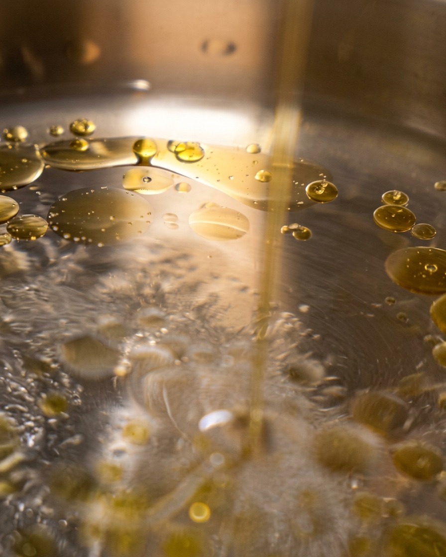 Goldene Olivenöltropfen schwimmen auf der Oberfläche von siedendem Wasser.