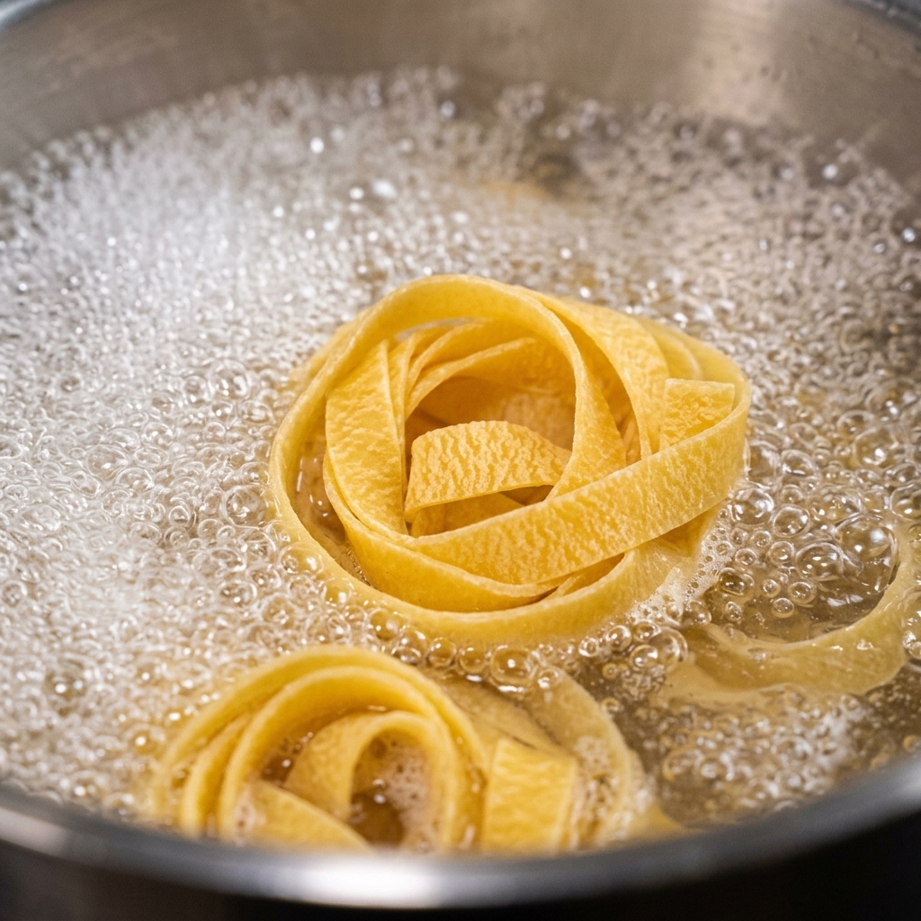 Ein Nest aus trockenen Tagliatelle sprudelt kräftig in kochendem Wasser.